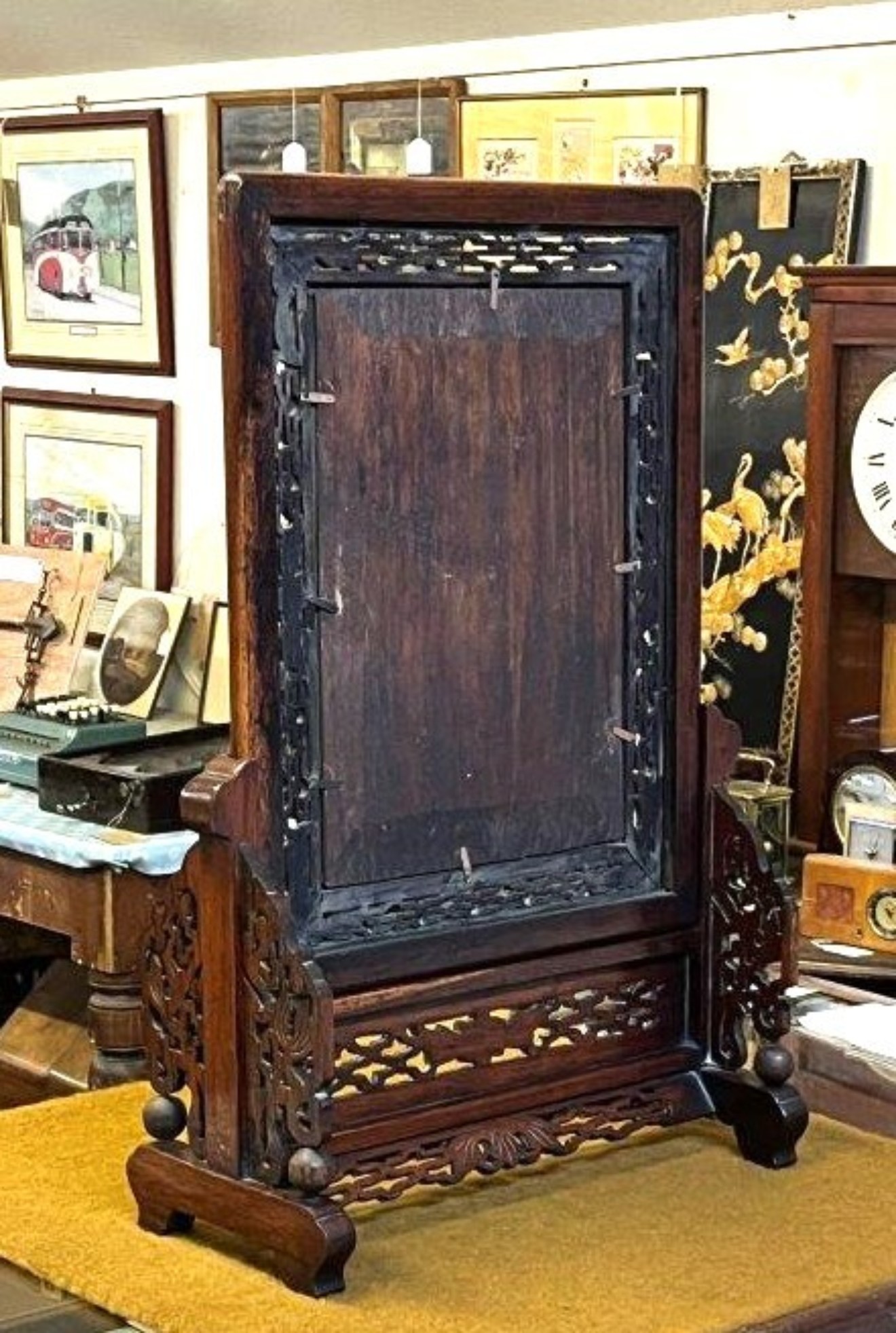 Antique Chinese Rosewood and Brass Table Screen