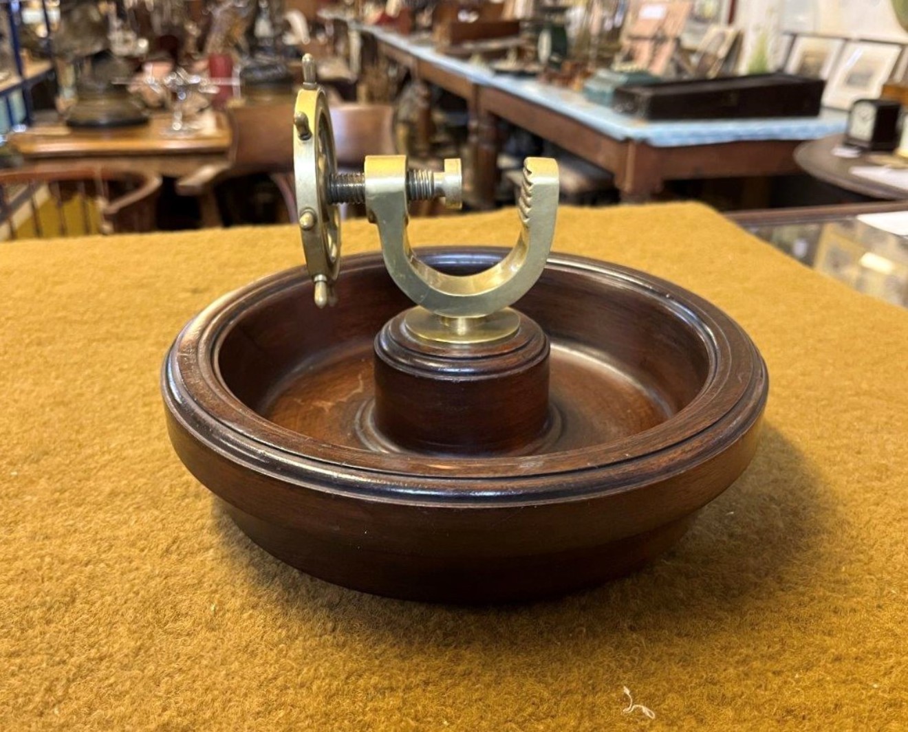 Vintage Hardwood Nut Bowl with Brass Ships Wheel Nut Cracker