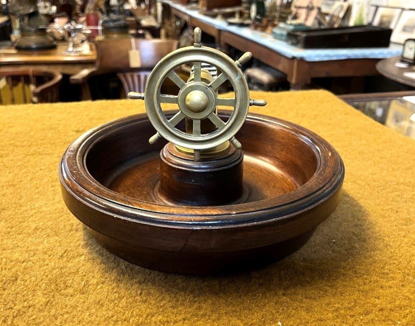 Vintage Hardwood Nut Bowl with Brass Ships Wheel Nut Cracker