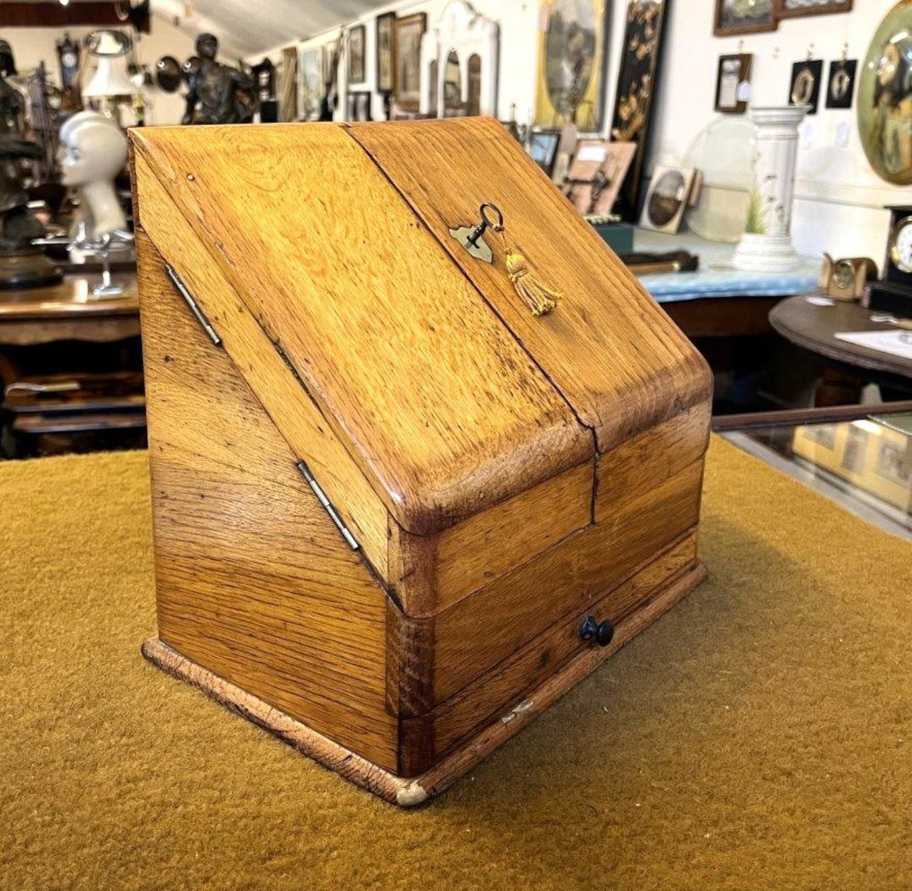 Antique Honey Oak Wedge Shaped Stationery Box