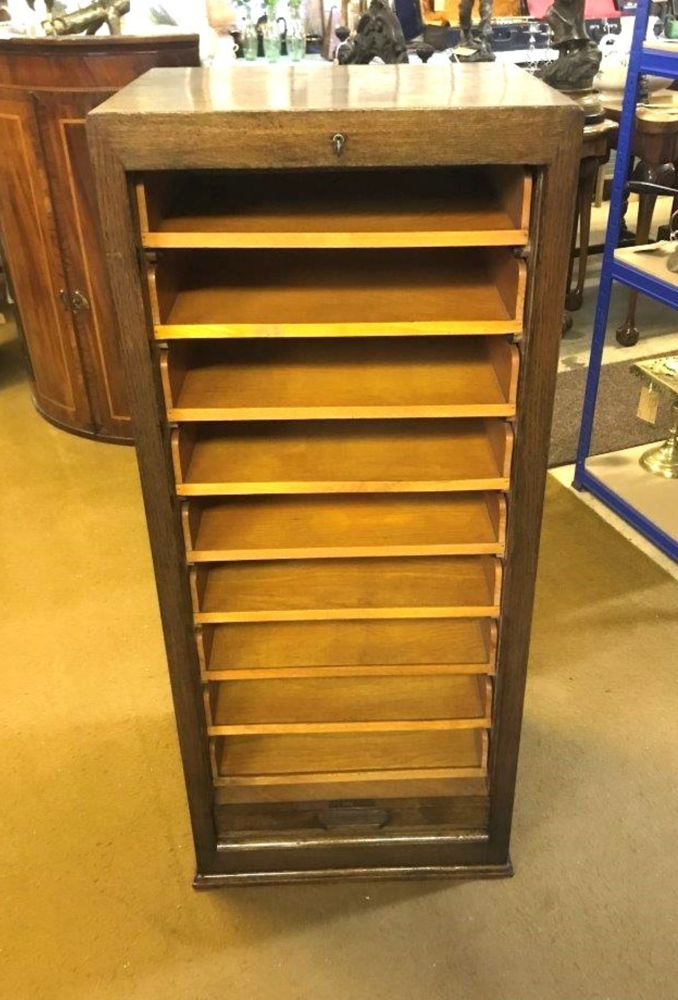 Vintage Dark Oak Tambour Front 9 Drawer Filing Cabinet