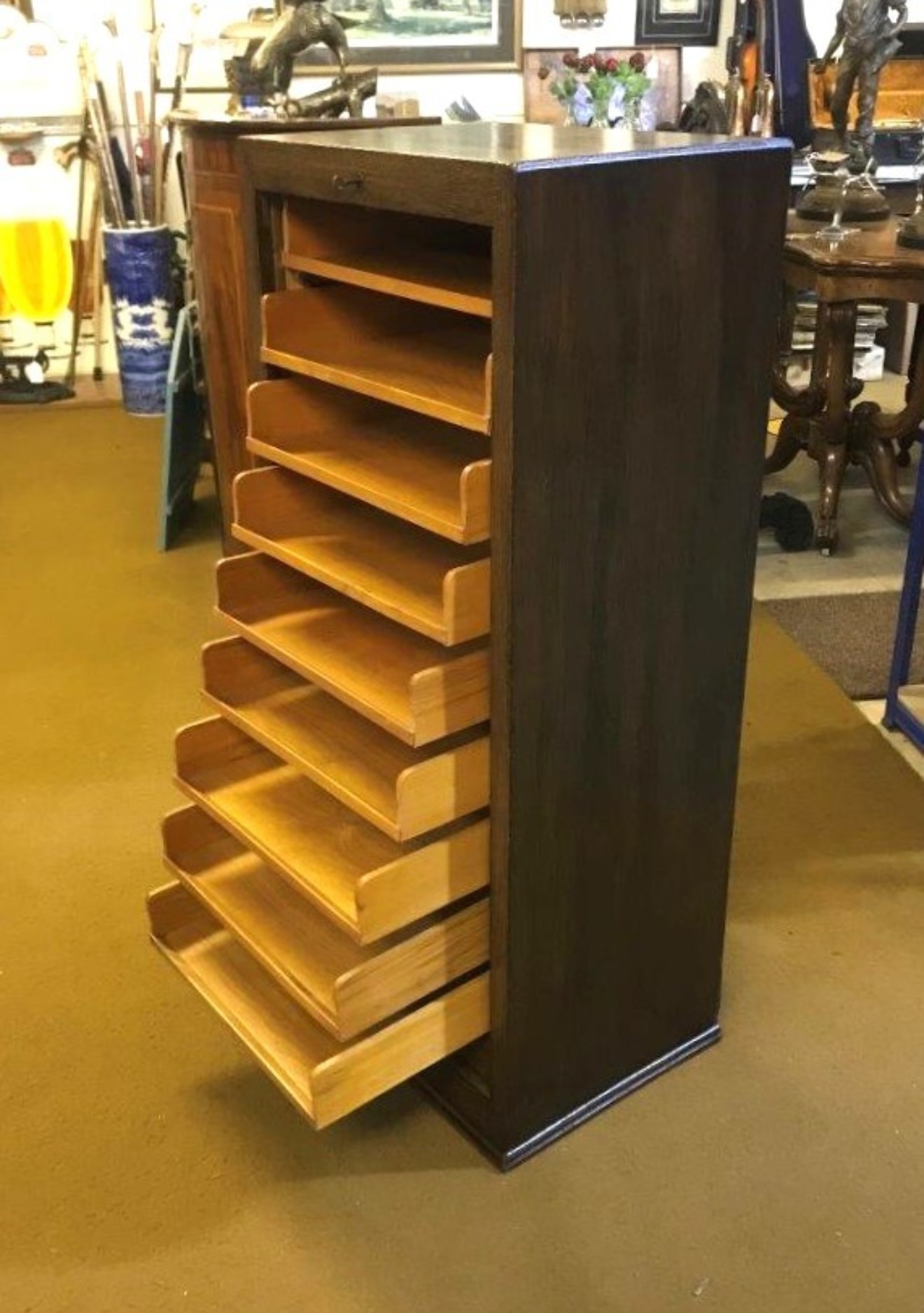 Vintage Dark Oak Tambour Front 9 Drawer Filing Cabinet