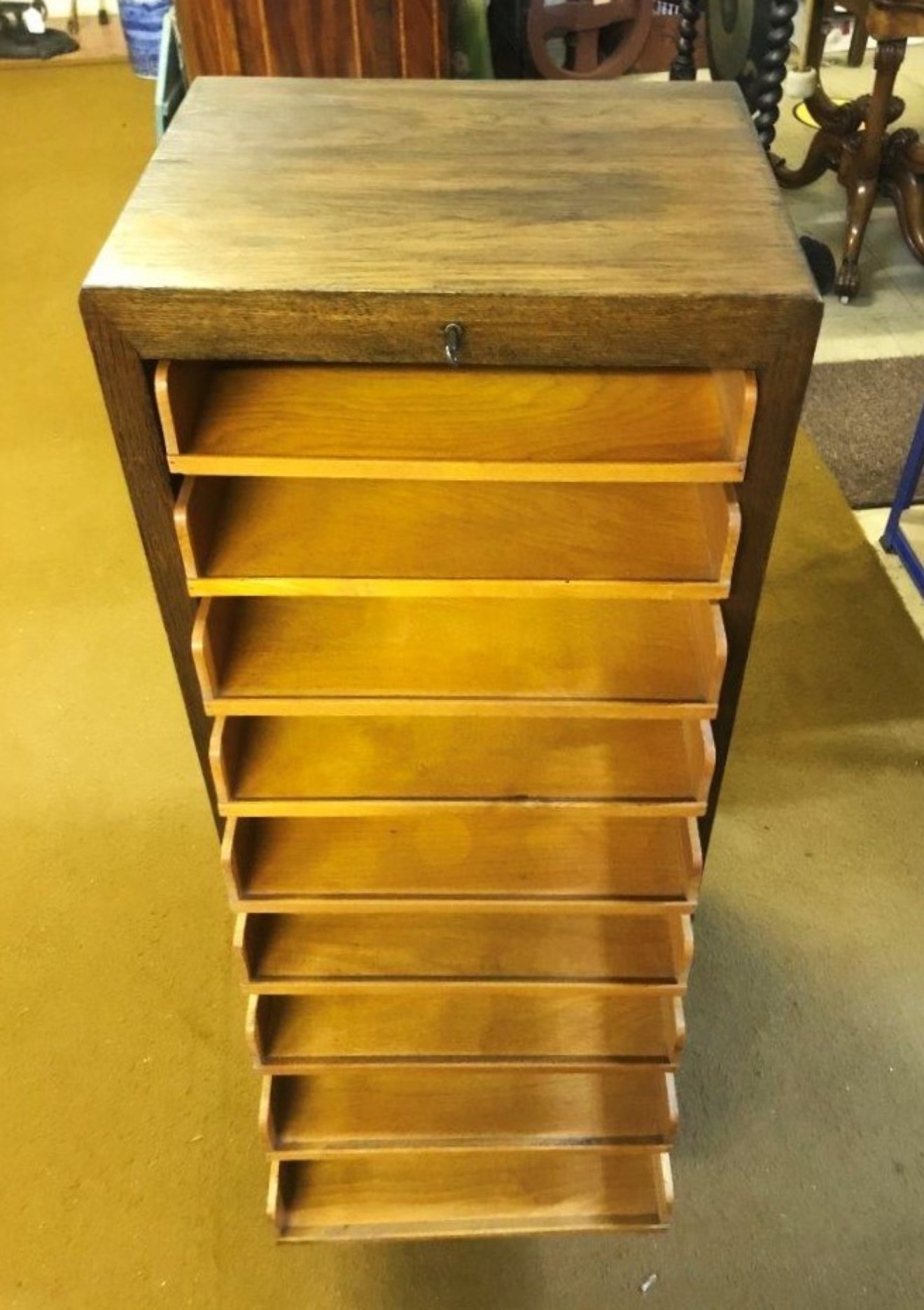 Vintage Dark Oak Tambour Front 9 Drawer Filing Cabinet