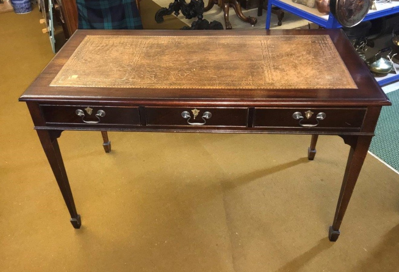 Vintage Dark Mahogany Writing Desk with Tan Leather Cover