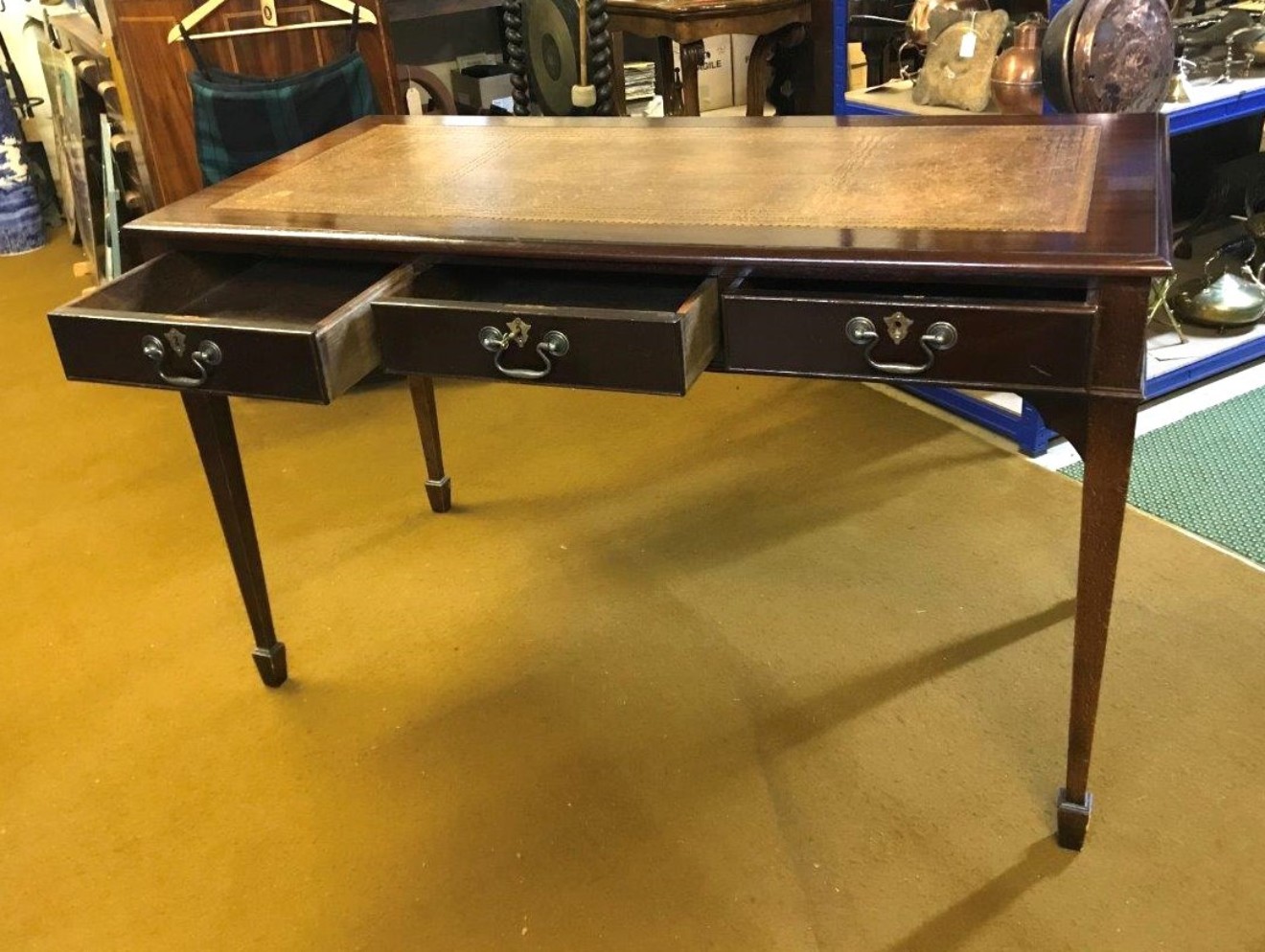 Vintage Dark Mahogany Writing Desk with Tan Leather Cover