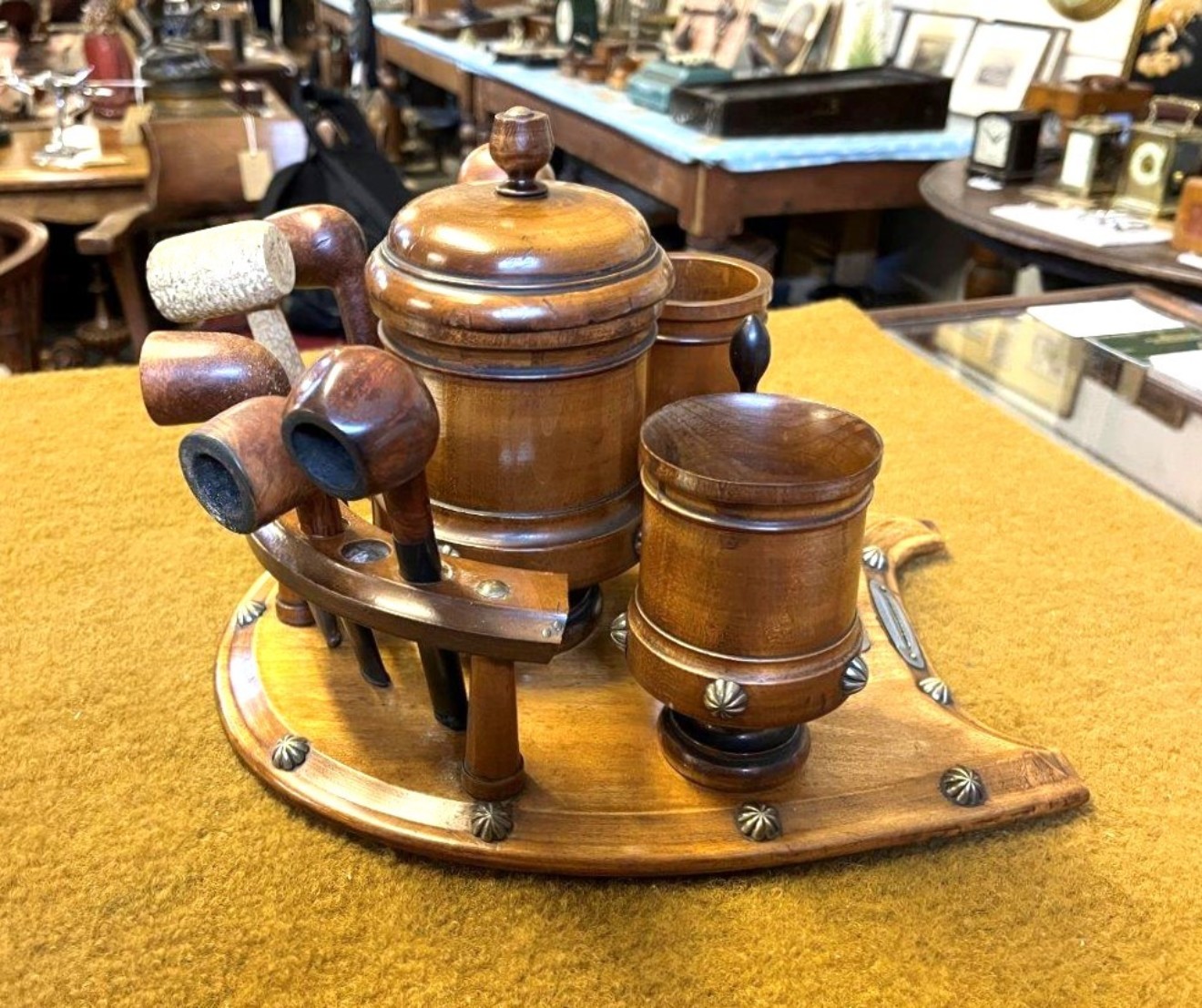 Edwardian Turned Wood Pipe Smokers Set on Tray