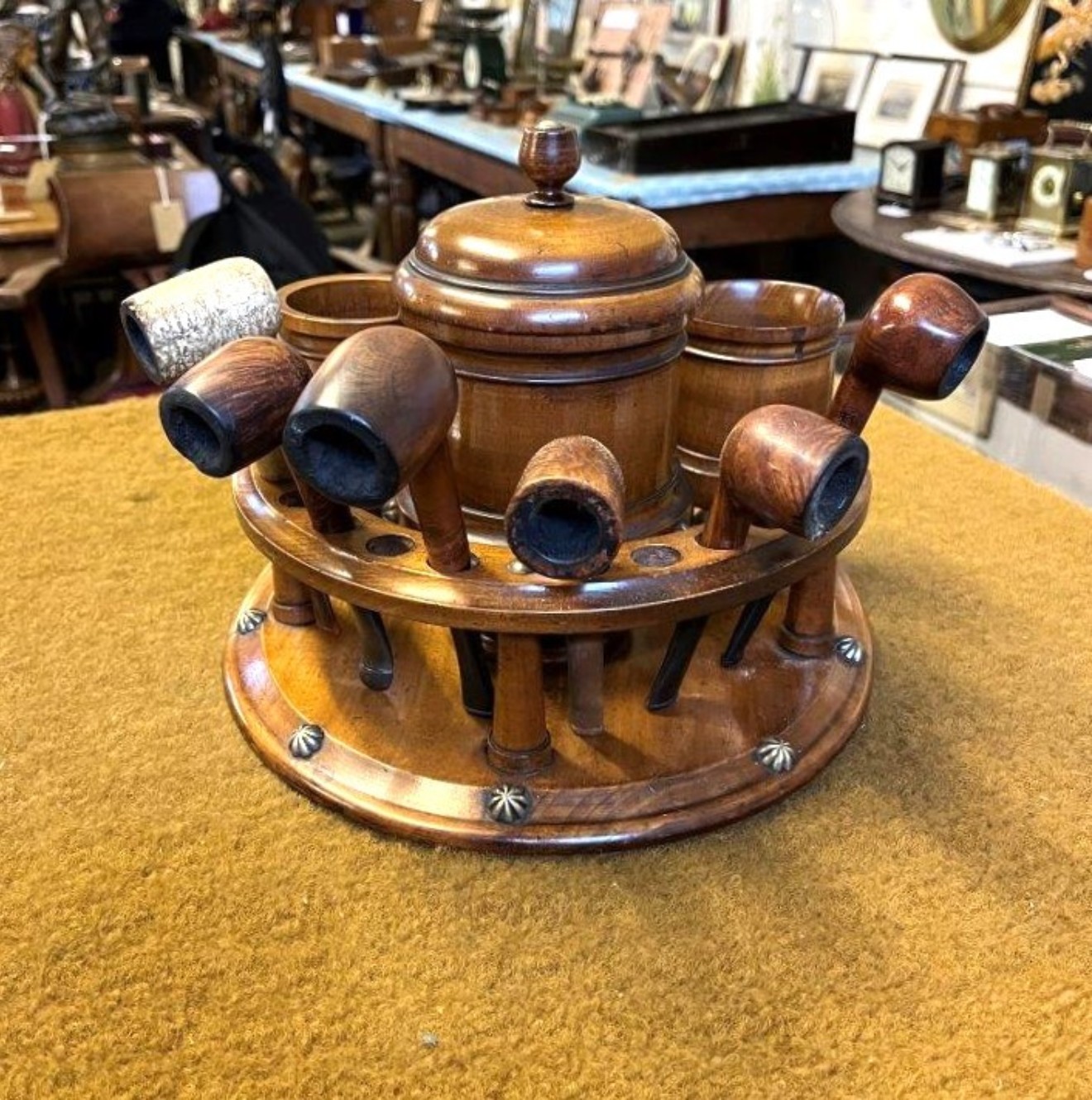 Edwardian Turned Wood Pipe Smokers Set on Tray