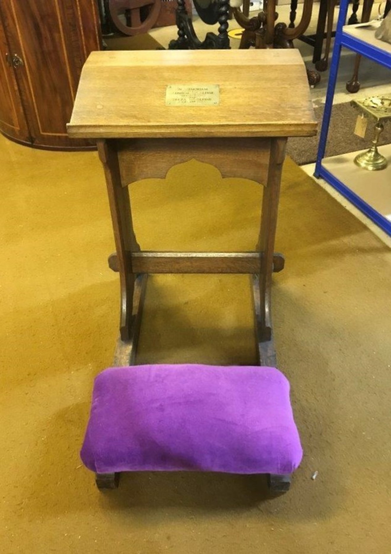 Antique Oak Kneeling Prayer Stool Carved Flowers on Front Panel   Brass Plaque Inscribed "In Memoriam Admiral McAlpine Sept-21st 1923 and Beeza McAlpine Oct-4th 1923"