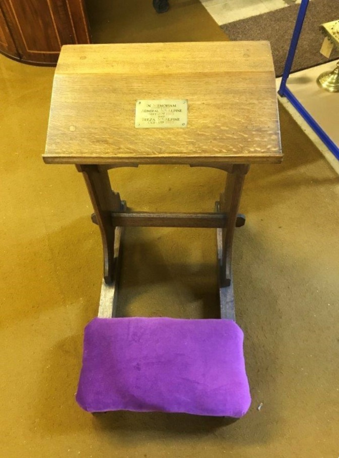 Antique Oak Kneeling Prayer Stool Carved Flowers on Front Panel   Brass Plaque Inscribed "In Memoriam Admiral McAlpine Sept-21st 1923 and Beeza McAlpine Oct-4th 1923"