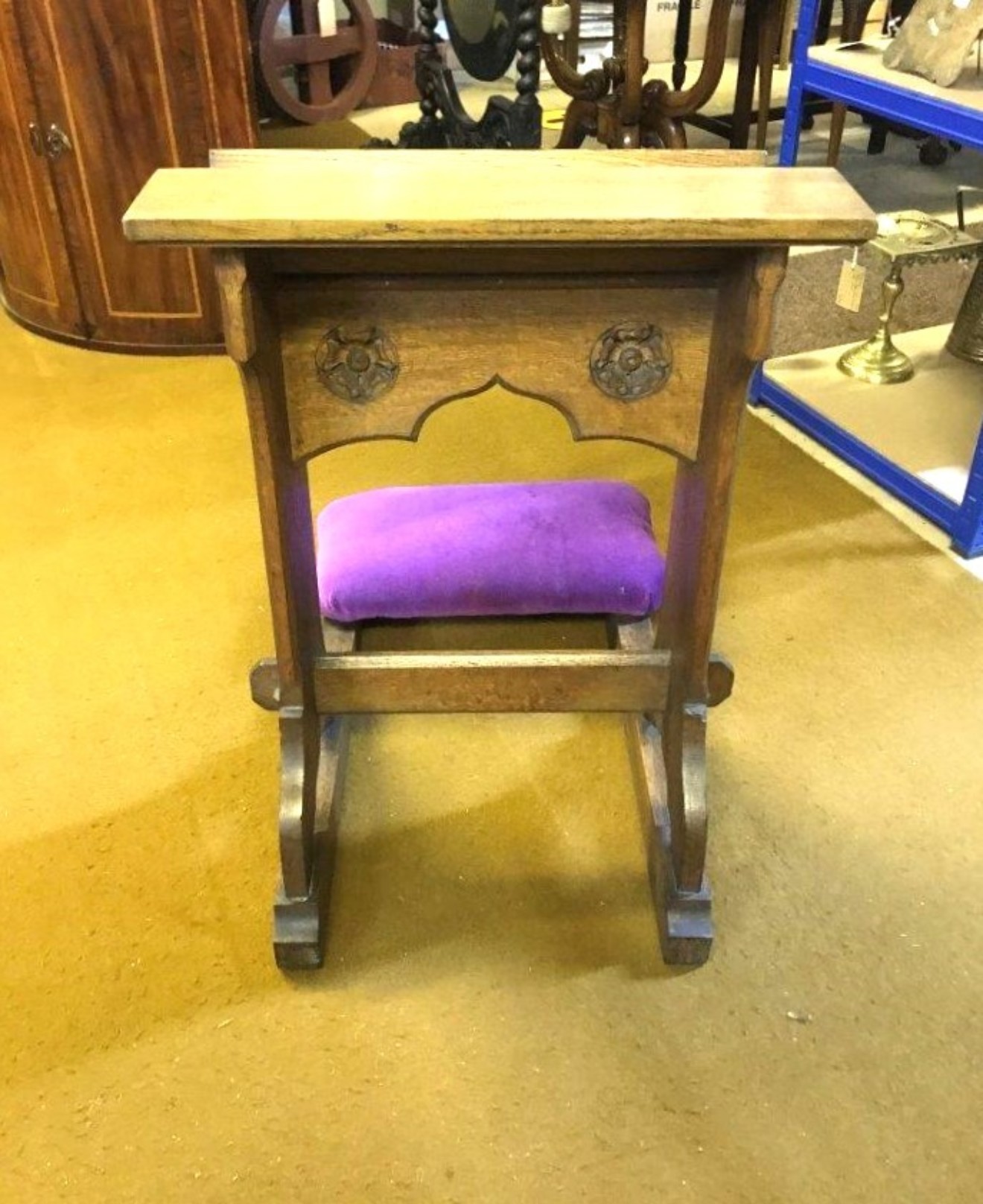 Antique Oak Kneeling Prayer Stool Carved Flowers on Front Panel   Brass Plaque Inscribed "In Memoriam Admiral McAlpine Sept-21st 1923 and Beeza McAlpine Oct-4th 1923"