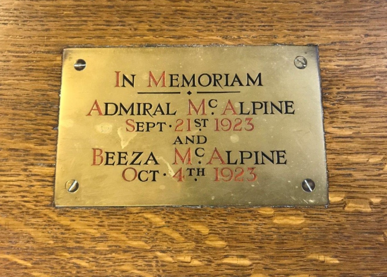 Antique Oak Kneeling Prayer Stool Carved Flowers on Front Panel   Brass Plaque Inscribed "In Memoriam Admiral McAlpine Sept-21st 1923 and Beeza McAlpine Oct-4th 1923"