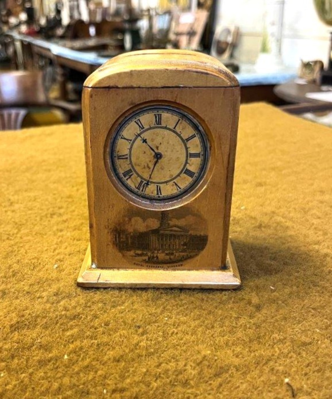 Rare Antique Clock Shaped Mauchline Ware Penny Bank 'Royal Exchange Glasgow'