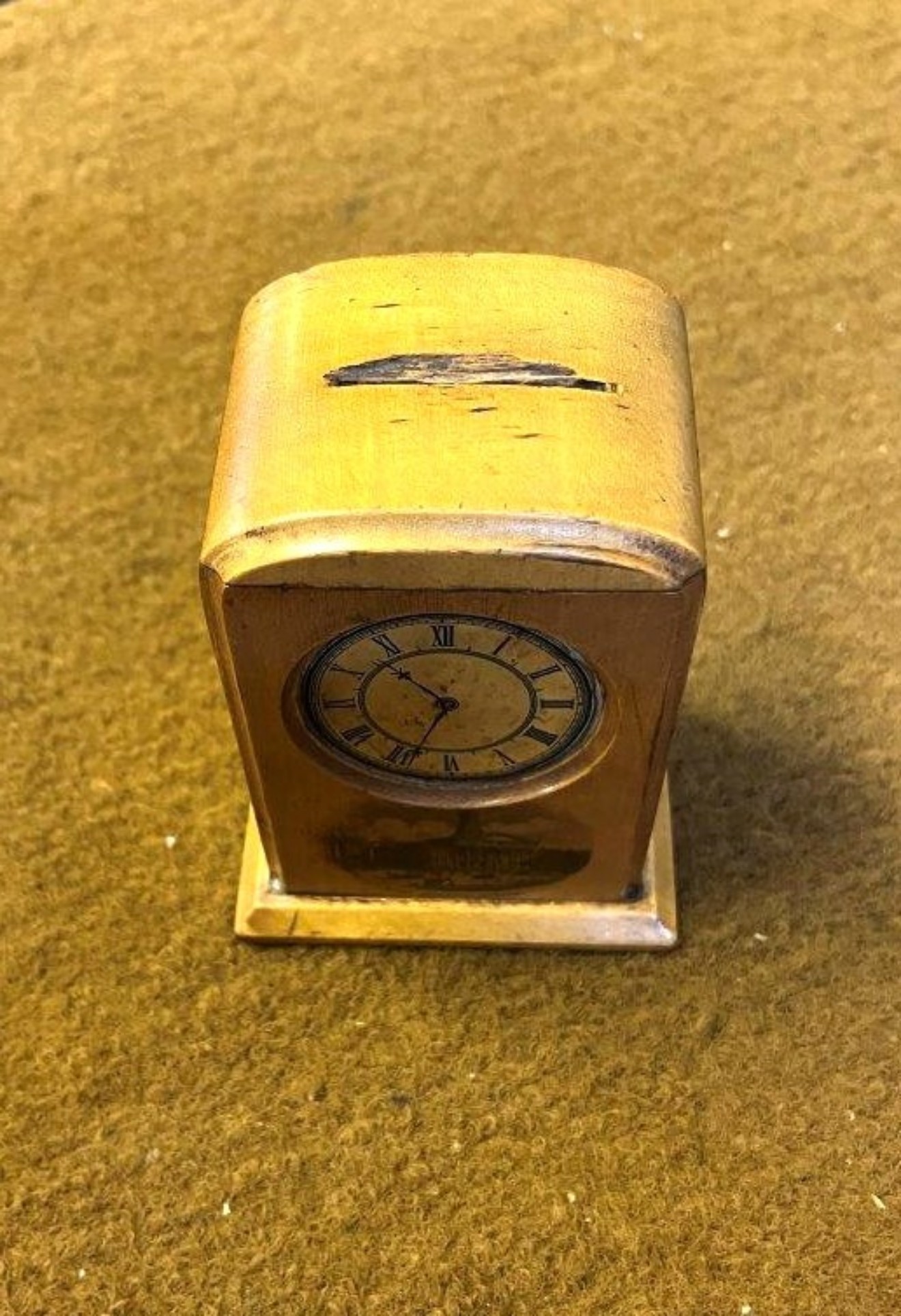 Rare Antique Clock Shaped Mauchline Ware Penny Bank 'Royal Exchange Glasgow'