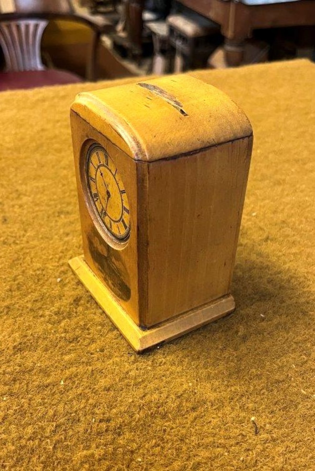 Rare Antique Clock Shaped Mauchline Ware Penny Bank 'Royal Exchange Glasgow'