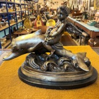 Antique Brass Bronzed Statuette of Eros Riding a Dolphin on a Marble Base