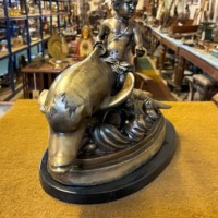 Antique Brass Bronzed Statuette of Eros Riding a Dolphin on a Marble Base