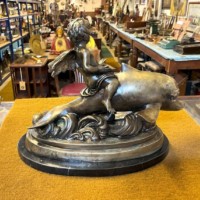 Antique Brass Bronzed Statuette of Eros Riding a Dolphin on a Marble Base