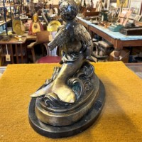 Antique Brass Bronzed Statuette of Eros Riding a Dolphin on a Marble Base