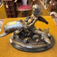 Antique Brass Bronzed Statuette of Eros Riding a Dolphin on a Marble Base