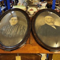 Antique Pair of Charcoal Portraits of a Lady and Gentleman in Convex Bubble Glass Faux Rosewood Frames