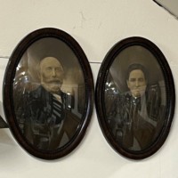 Antique Pair of Charcoal Portraits of a Lady and Gentleman in Convex Bubble Glass Faux Rosewood Frames