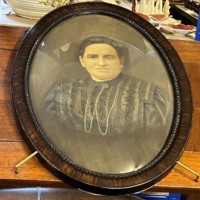 Antique Pair of Charcoal Portraits of a Lady and Gentleman in Convex Bubble Glass Faux Rosewood Frames