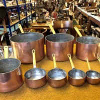 Vintage Set of 9 Copper Graduated Cooking Pots with Brass Handles