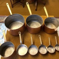 Vintage Set of 9 Copper Graduated Cooking Pots with Brass Handles