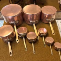 Vintage Set of 9 Copper Graduated Cooking Pots with Brass Handles