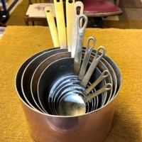 Vintage Set of 9 Copper Graduated Cooking Pots with Brass Handles