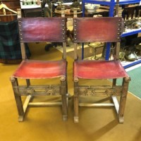 Pair of Spanish Revival Oak and Leather Side / Hall Chairs