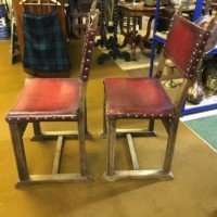 Pair of Spanish Revival Oak and Leather Side / Hall Chairs