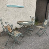 Vintage Metal Bistro Table and Chairs with Floral Relief Panel Decoration