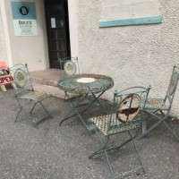 Vintage Metal Bistro Table and Chairs with Floral Relief Panel Decoration