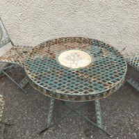 Vintage Metal Bistro Table and Chairs with Floral Relief Panel Decoration