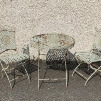 Vintage Outdoor Table and Chairs Wrought / Strap Iron with Decorative Panels