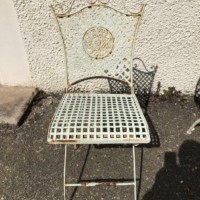 Vintage Outdoor Table and Chairs Wrought / Strap Iron with Decorative Panels