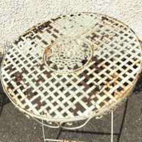 Vintage Outdoor Table and Chairs Wrought / Strap Iron with Decorative Panels