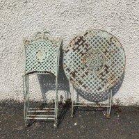 Vintage Outdoor Table and Chairs Wrought / Strap Iron with Decorative Panels