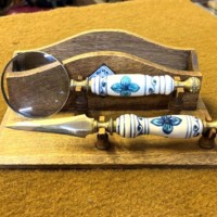 Vintage Letter Rack with Ceramic and Brass Magnifying Glass and Letter Opener