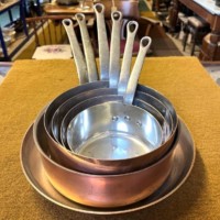 Vintage Set of 6 French Copper Graduated Cooking Pots and Frying Pan with Cast Iron Handles