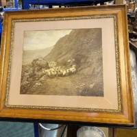 Antique Walnut & Gilt Framed Photo Print of Sheep on a Hillside Near Ballater By Victorian Photographer Charles Reid