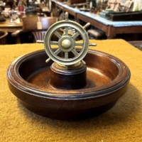 Vintage Hardwood Nut Bowl with Brass Ships Wheel Nut Cracker