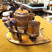 Edwardian Turned Wood Pipe Smokers Set on Tray