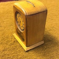 Rare Antique Clock Shaped Mauchline Ware Penny Bank 'Royal Exchange Glasgow'