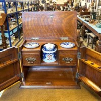 Edwardian Oak Smoker's Cabinet with Ornate Carved Door Panels and Original Ceramic Tobacco Jar and Dishes b