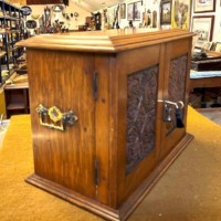 Edwardian Oak Smoker's Cabinet with Ornate Carved Door Panels and Original Ceramic Tobacco Jar and Dishes b