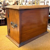 Edwardian Oak Smoker's Cabinet with Ornate Carved Door Panels and Original Ceramic Tobacco Jar and Dishes b