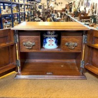 Edwardian Oak Smoker's Cabinet with Ornate Carved Door Panels and Original Ceramic Tobacco Jar and Dishes b