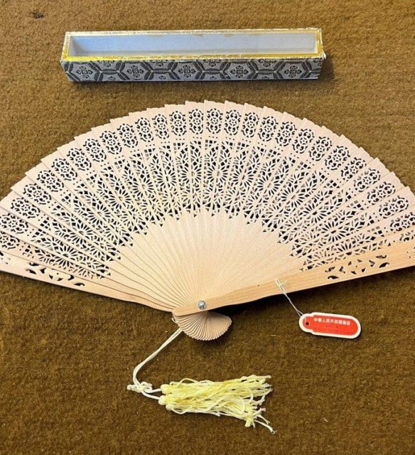 Vintage Cased Chinese Fan Pierced Wood Design